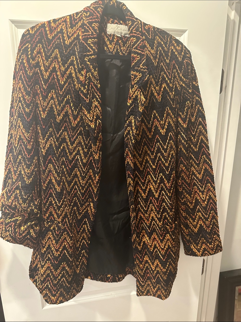 Black Zigzag Open-Front Blazer with Gold & Rust Accents